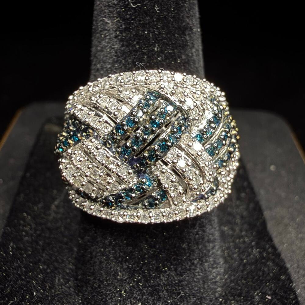 Natural White And Blue Diamonds 1 CTTW Solid 925 Sterling Silver Size 7 Ring